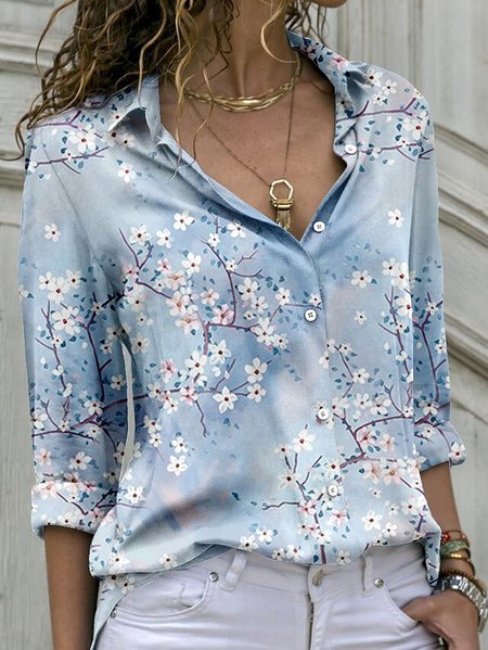 

Floral Casual Loose Shirt Collar Blouse, Blue, Shirts & Blouses