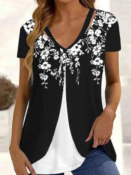 

Casual V Neck Floral Loose Shirt, Black, Shirts & Blouses