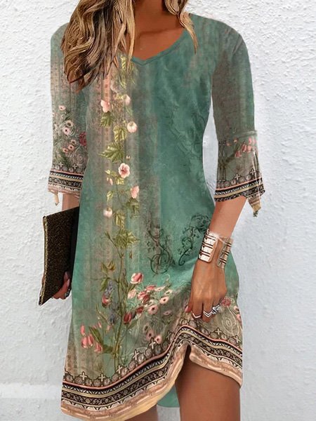 

Flare Sleeve Casual Crew Neck Ethnic Dress, Green, Dresses