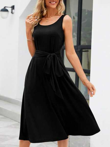

Loose Elegant Plain Solid Belted A-line Dress, Black, Dresses