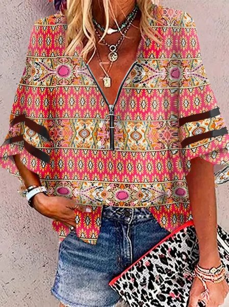 

Loose V Neck Casual Ethnic Shirt, Red, Shirts & Blouses