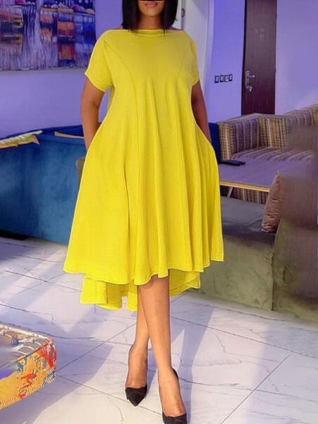 

Plain Regular Fit Boat Neck Urban Dress, Yellow, Midi Dresses