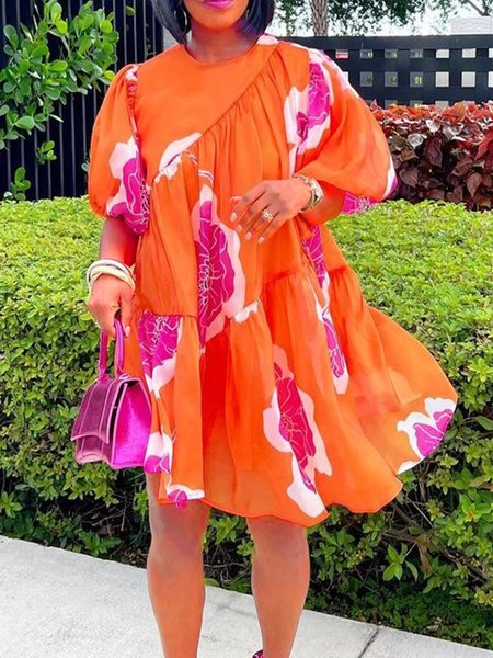 

Loose Vacation Crew Neck Floral Mini Dress With No Belt, Orange, Mini Dresses