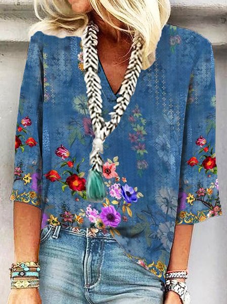 

V Neck Loose Nationality/Ethnic Casual Shirt, Blue, Blouses