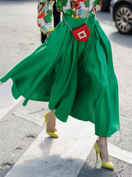 

Plain Regular Fit Elegant A-Line Skirt, Green, Skirts