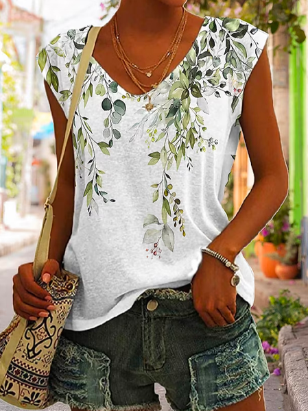 

Floral Casual V Neck Loose T-Shirt, Green, Tanks & Camis