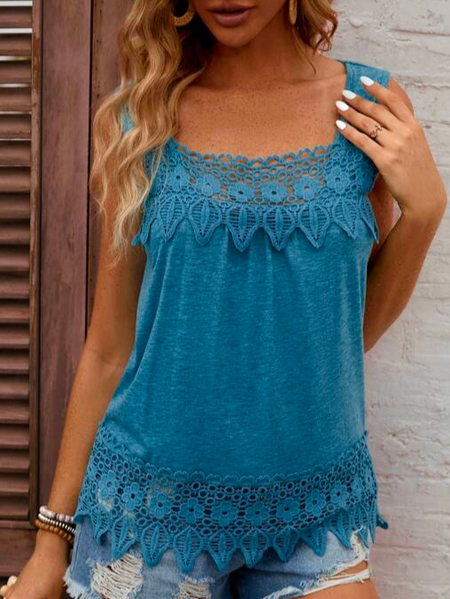 

Spaghetti Loose Cotton Casual Contrast Guipure Lace Tank Top, Blue, Tanks & Camis