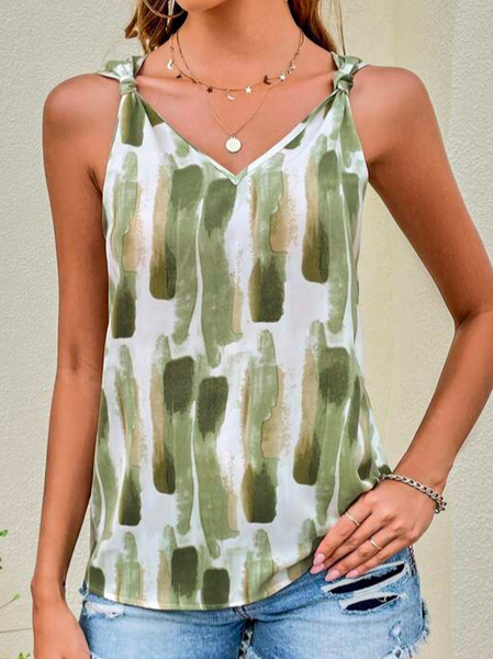 

Loose Linen Geometric Elegant Brush Print Tank Top, Green, Tanks & Camis