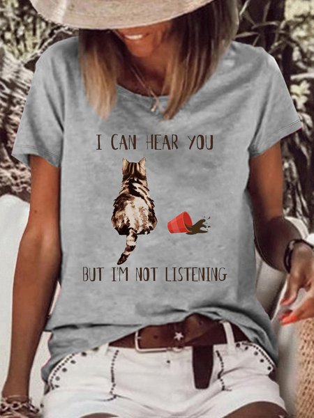 

Women‘s Funny Cat Lover Letters Crew Neck Casual T-Shirt, Gray, T-shirts
