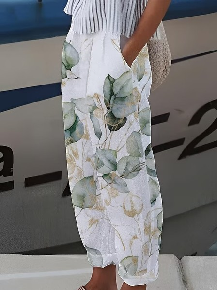 

Casual Loose Floral Pants, White, Pants