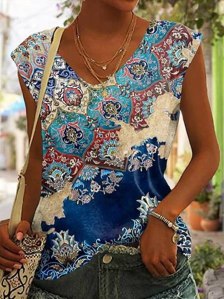 

Casual Ethnic V Neck Tank Top, Blue, Tanks & Camis