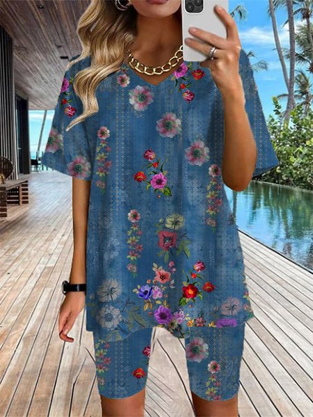 Casual Loose V Neck Floral Two Piece Set