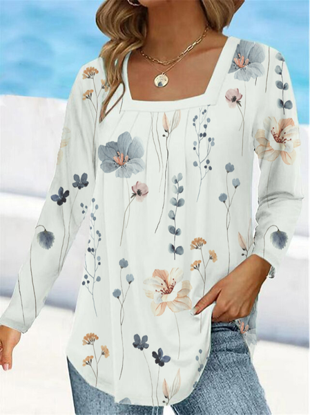 

Square Neck Loose Floral Casual Shirt, White, Shirts & Blouses