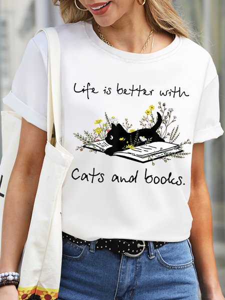 

Women Cats Books Life Better Waterproof Oilproof And Stainproof Fabric Casual Crew Neck T-Shirt, White, T-shirts