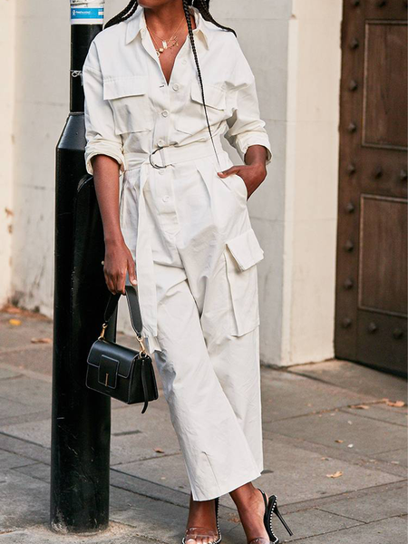 

Regular Fit Casual Shawl Collar Plain Jumpsuit, White, Jumpsuits