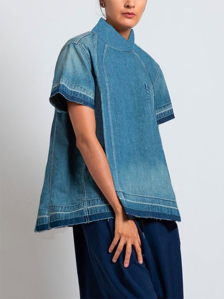 

Casual Loose Plain Short Sleeve Blouse, Blue, Blouses and Shirts