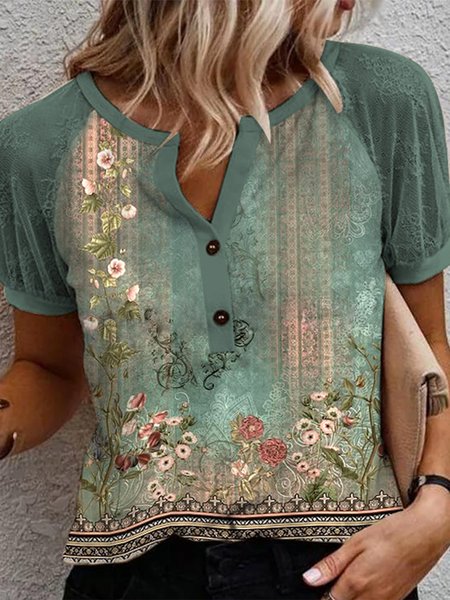 

Loose Casual Floral T-Shirt, Green, T-Shirts