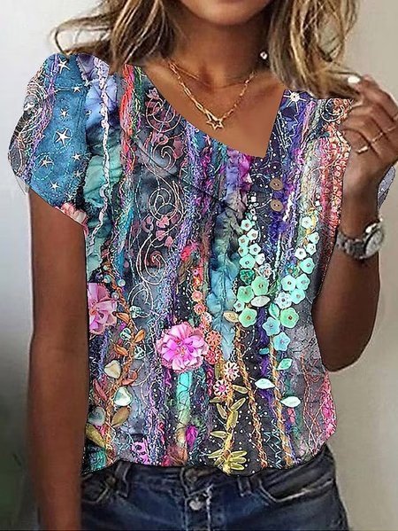 

Asymmetrical Floral Loose Casual T-Shirt, Purple, T-Shirts