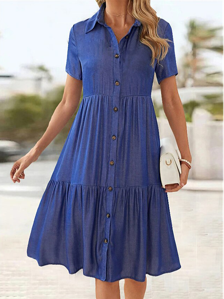 

Shirt Collar Plain Casual Dress With No Belt, Blue, Shirt Dresses