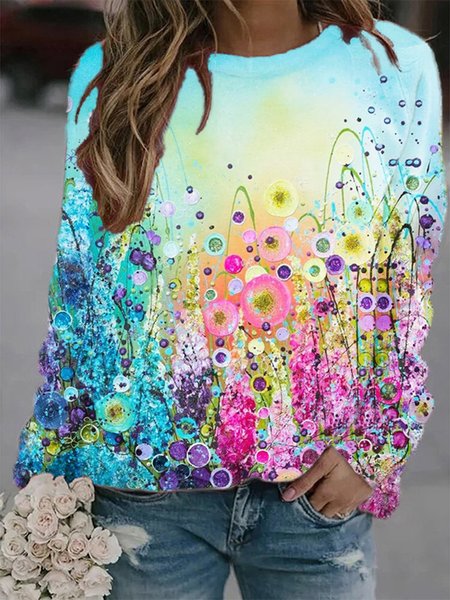 

Casual Crew Neck Floral Sweatshirt, Blue, Sweatshirts & Hoodies