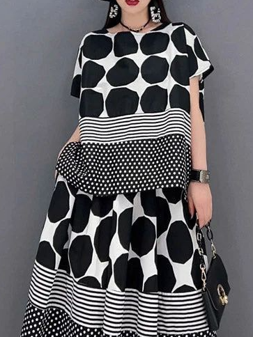 

Cotton Polka Dots Urban Crew Neck Shirt skirt not included, As picture, Blouses and Shirts