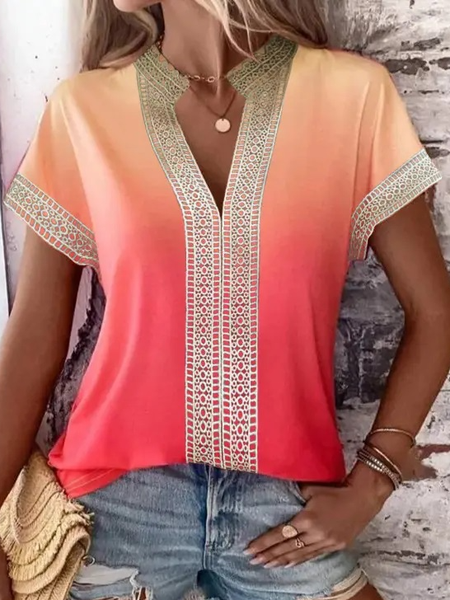 

Stand Collar Lace Casual Loose Ombre Shirt, Deep pink, Shirts & Blouses
