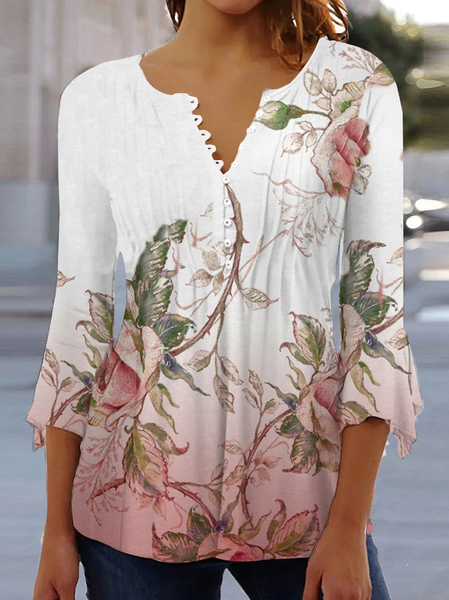 

Casual V Neck Floral Loose Shirt, White, Shirts & Blouses