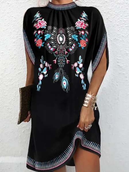 

Ethnic Casual Loose Crew Neck Dress, Black, Dresses