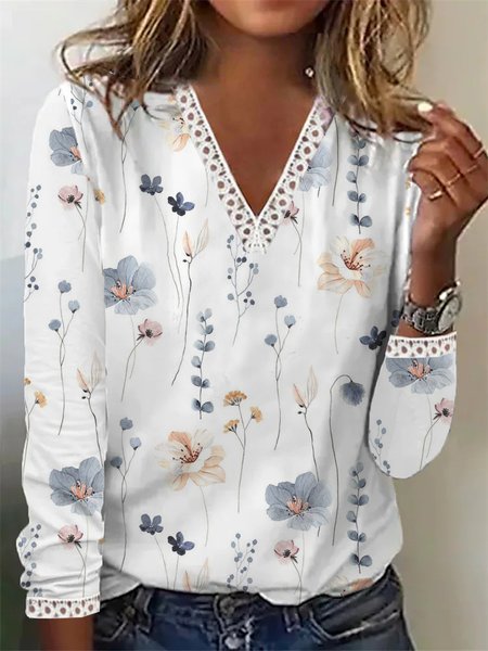

V Neck Casual Lace Floral Loose T-Shirt, White, T-Shirts