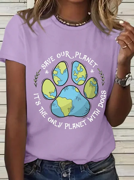 

Women's Save Our Planet It's The Only Planet With Dogs Cotton Simple Crew Neck T-Shirt, Purple, T-shirts