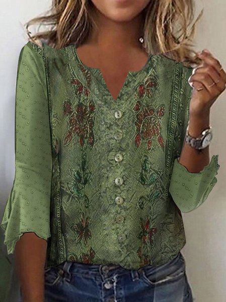 

Ethnic Loose Casual Knitted T-Shirt, Green, T-Shirts