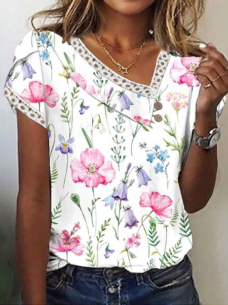

Asymmetrical Collar Loose Casual Floral T-Shirt, White, T-Shirts