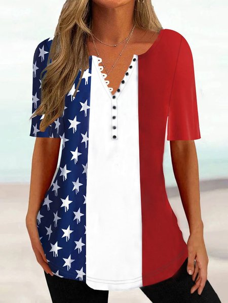 

Casual V Neck Independence Day Shirt, Red, Shirts & Blouses