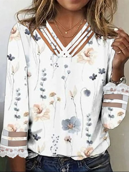 

Floral V Neck Loose Casual T-Shirt, White, T-Shirts