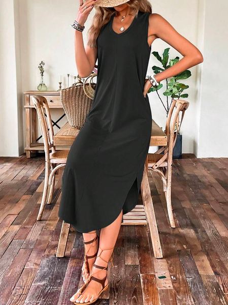 

Casual Loose V Neck Solid Curved Hem Tank Dress, Black, Casual Dresses