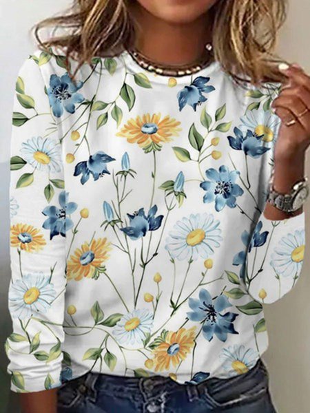 

Floral Loose Casual Long Sleeve T-Shirt, Yellow, T-Shirts