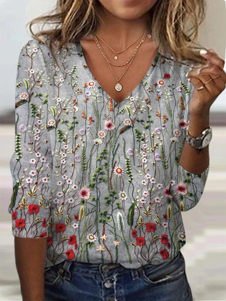 

Crew Neck Floral Casual Knitted T-Shirt, Gray, T-Shirts