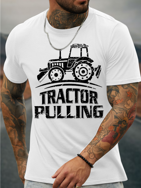 

Men's Funny Tractor Pulling Graphic Printing Cotton Casual Crew Neck Loose T-Shirt, White, T-shirts