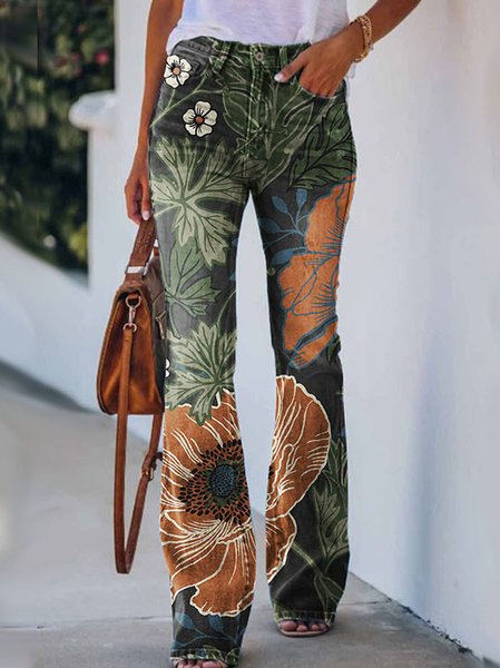 

Urban Casual Retro Floral Plant Pattern Regular Fit Jeans, As picture, Jeans