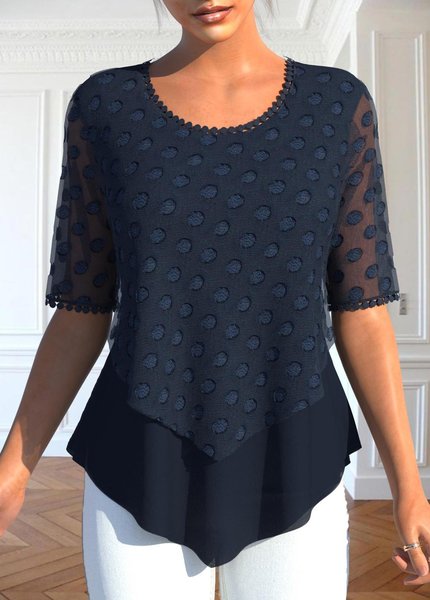 

Loose Elegant Crew Neck Lace Shirt, Dark blue, Shirts & Blouses