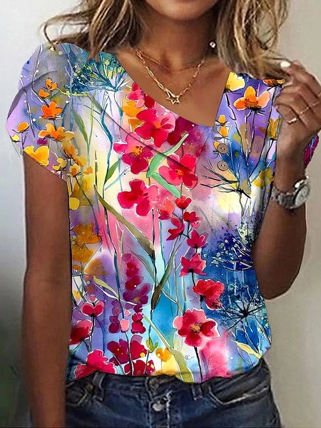 

Asymmetrical Collar Floral Loose Casual T-Shirt, Purple, T-Shirts