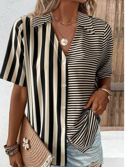 

Loose Shirt Collar Striped Casual Blouse, Khaki, Shirts & Blouses