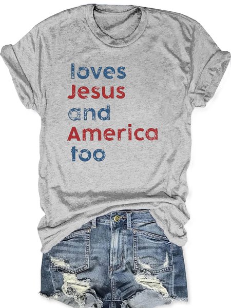 

Women's Loves Jesus And America Too Letters Casual Crew Neck T-Shirt, Gray, T-shirts