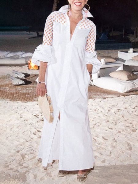 

Shirt Collar Elegant Plain Loose Dress, White, Maxi Dresses