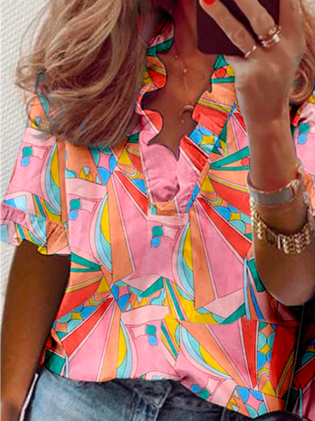 

V Neck Geometric Elegant Shirt, Pink, Shirts & Blouses