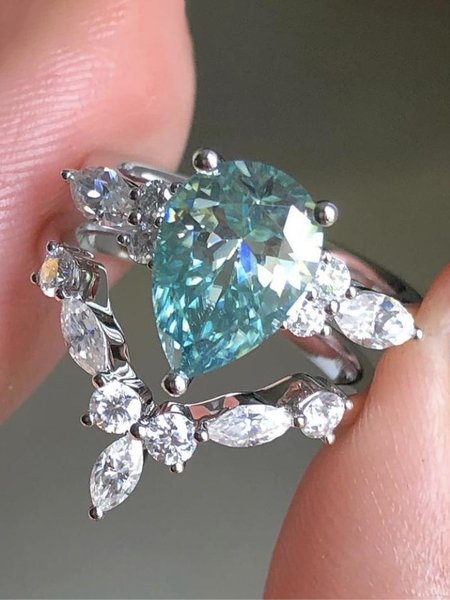 

Elegant Blue Zircon Diamond Ring Set Party Wedding Anniversary Women Jewelry, As picture, Rings