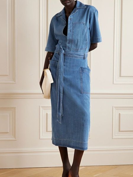 

Shirt Collar Urban Denim Dress With No, Blue, Midi Dresses