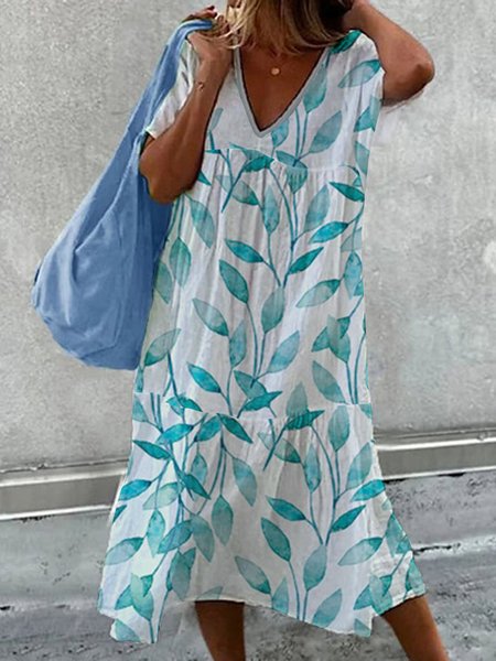 

Casual Loose V Neck Dress, Green, Dresses