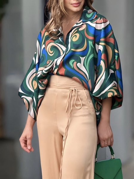 

Urban Shirt Collar Regular Fit Abstract Stripes Blouse, Green, Blouses and Shirts