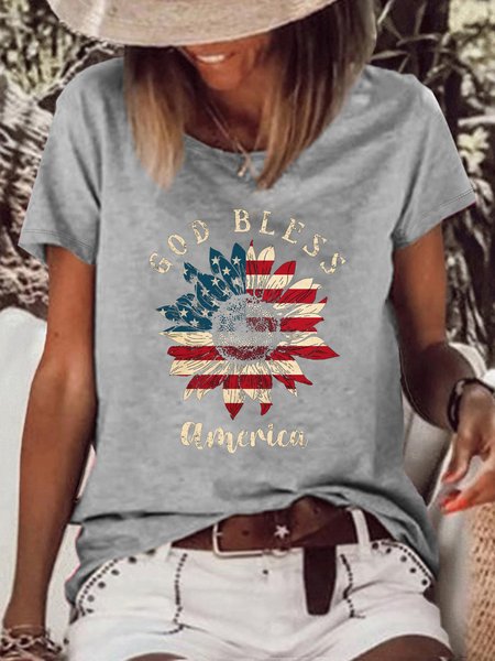 

Women's God Bless Sunflower Print Crew Neck Casual T-Shirt, Gray, T-shirts